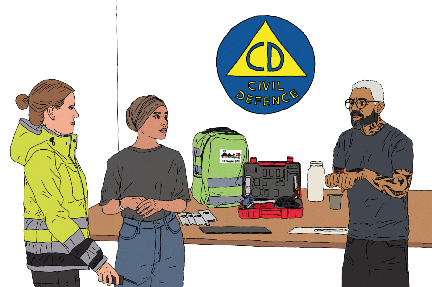 Illustration, Accessibility in action: An illustration of a wheelchair user being welcomed by a smiling bus driver while entering the bus via an accessible ramp, with three people waiting in line behind.