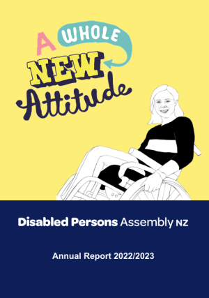 Yellow and dark blue cover with a woman in a wheelchair