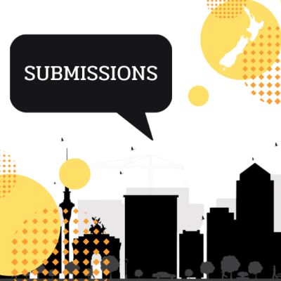 black silhouette city with yellow texture and a speech bubble that says submissions